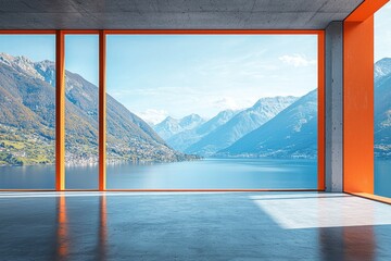Fototapeta premium Modern architecture, minimalist interior design, concrete floors and walls, orange window frames, a lake view with mountains in the background