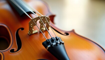 Fototapeta premium Close-up view of a classical violin. Details of the bridge and strings are highlighted. The wood grain and craftsmanship are apparent. A traditional musical instrument for classical performances.