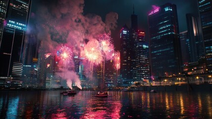 Fireworks Display Over Cityscape