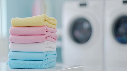 Laundry room organization neatly folded clean clothes in a bright space