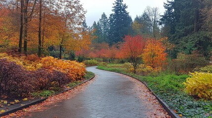 Fototapeta premium Autumnal Pathway: A Serene Stroll Through Vibrant Fall Foliage