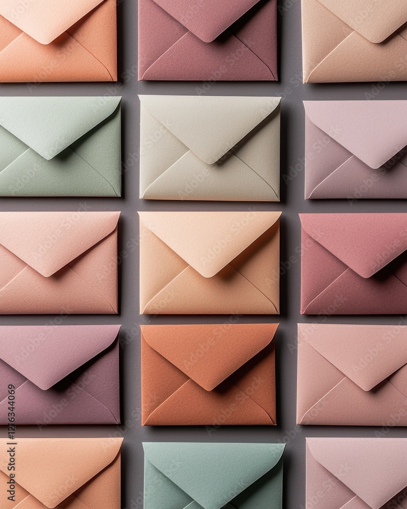 Poster a visually appealing arrangement of colorful envelopes in soft pastel shades, neatly organized in a 