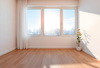 Fototapeta premium Bright interior room, large window with sheer curtains, snowy winter landscape outside, sunlight streaming in, wooden floor, potted plant on windowsill, minimalist design, warm sunbeams, cozy atmosphe