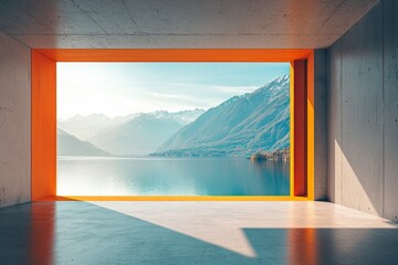 Fototapeta premium Modern architecture, minimalist interior design, concrete floors and walls, orange window frames, a lake view with mountains in the background