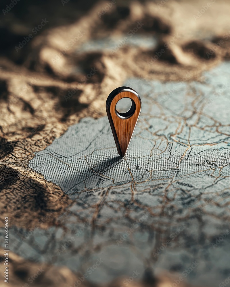 Poster a wooden location pin stands out on a textured map, symbolizing navigation and exploration.