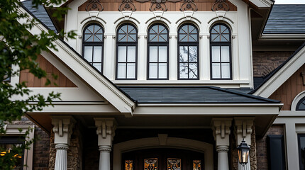 Obraz premium Elegant Home Exterior with Classic Architecture: Brick, Stone, and Columns