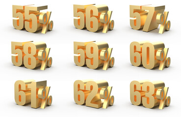 3D rendered image of discounts numbers with gold texture. 4k 3D render of business golden discounts