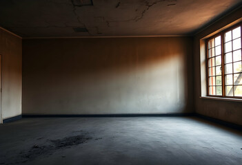 Obraz premium Dark industrial interior, empty warehouse space, moody atmosphere, dramatic lighting, two spotlights, golden light beams, large windows, blue tones, concrete floor, high ceiling, shadows, minimalist, 