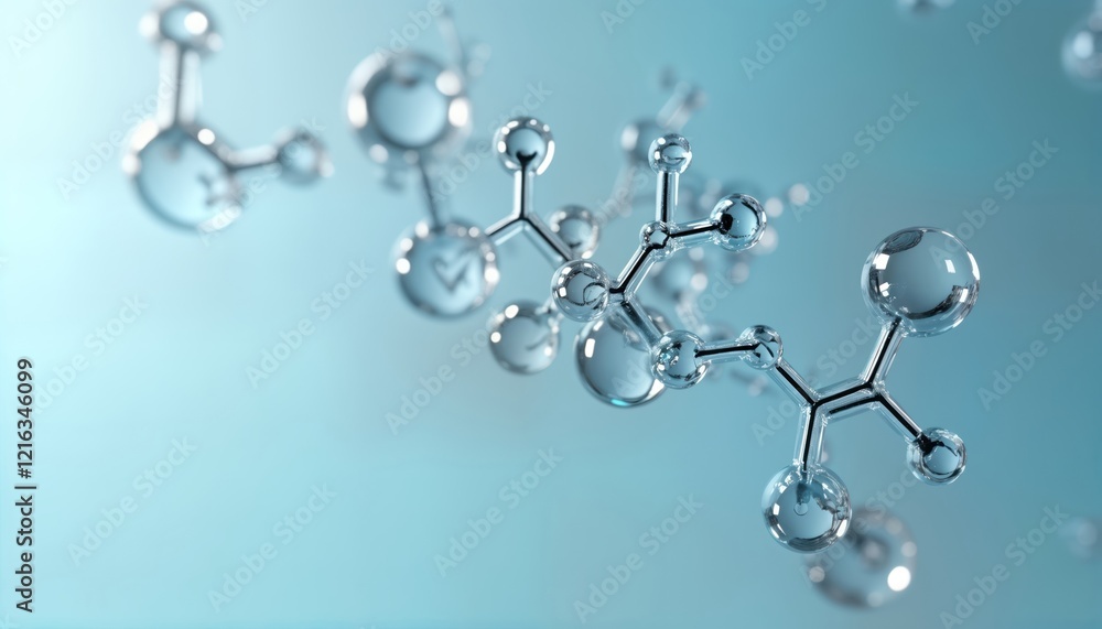 Poster 3d model of molecular structure. Atoms connected by bonds form complex molecule. Science image for educational purpose. Visual representation of chemical composition. Ideal for illustrating