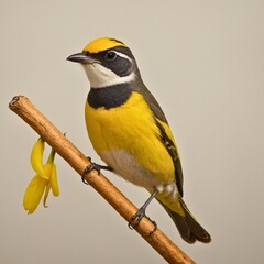 Naklejka premium A goldfinch perched on a single leaf, its yellow and black feathers contrasting sharply with the white background. Western Whistler in Western Australia. 