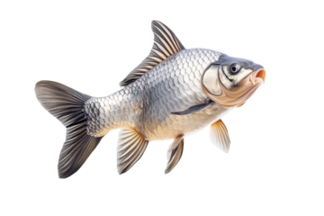 Closeup of fresh common carp fish with detailed scales and fins, isolated on white transparent background, concept of aquatic life