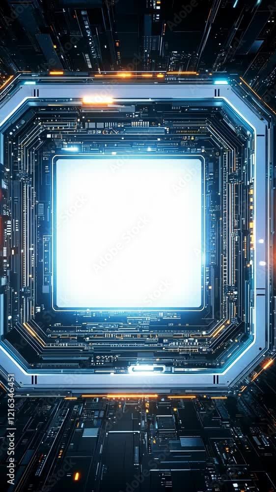 Aufkleber intricate digital circuitry frame with a glowing white center creating a futuristic ambiance in a vi