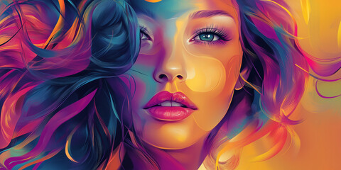 Fototapeta premium Vibrant portrait of a woman with flowing hair and expressive features in a colorful, artistic style