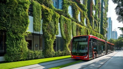 Fototapeta premium Modern Sustainable Transportation: Urban Area with Green Walls and Electric Bus System