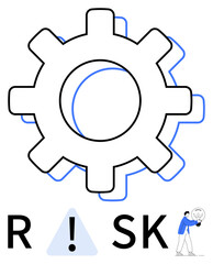 Giant gear mechanism with triangular risk warning icon and human figure holding light bulb symbolizing new idea. Ideal for business strategy, innovation, engineering, risk management, analysis