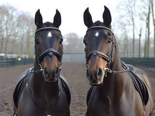 Obraz premium Groomed Horses Standing Side by Side in a Stable Amid a Serene Setting Showcasing Equine Beauty