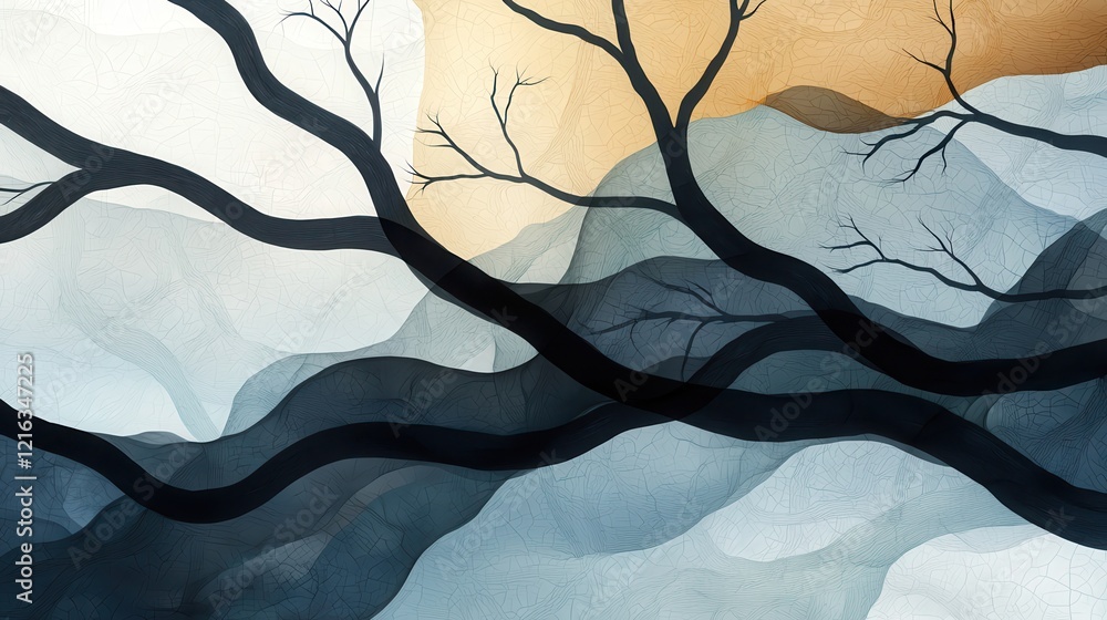 Poster branching patterns symbolizing interconnectedness in snowy landscapes abstract art creative environm