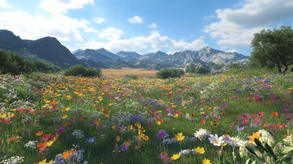 Fototapeta premium Blossoming Harmony: Vibrant Wildflower Meadow Embracing Sustainable Agricultural Field