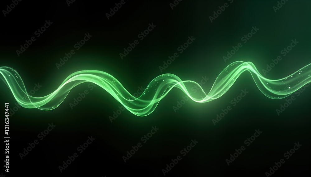 Poster abstract glowing green wisp curves gracefully on black backdrop. dynamic energy flow creates futuris