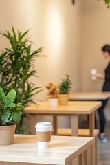 Obraz premium Cozy cafe scene featuring wooden tables, lush plants, and coffee