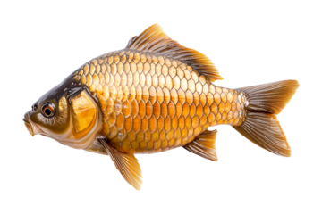 Closeup of fresh common carp fish with detailed scales and fins, isolated on white transparent background, concept of aquatic life