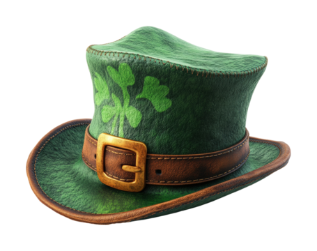 Emerald green top hat featuring shamrocks ideal for festive celebrations and St. Patrick's Day gatherings isolated on transparent background