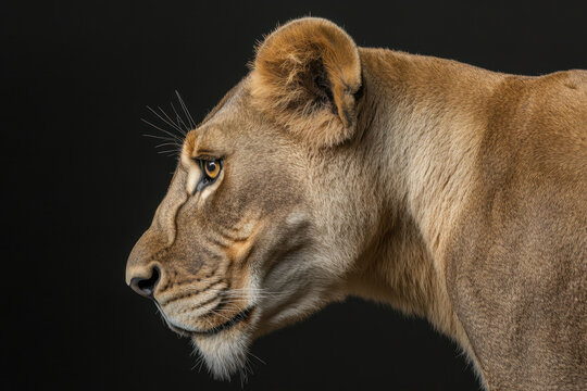 majestic lioness in profile, showcasing her strong features and intense gaze. image captures beauty and grace of this magnificent animal against dark background - Powered by Adobe