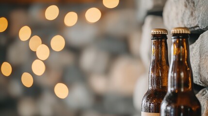 Cozy brewery experience with closeup of beer bottles surrounded by warm lights
