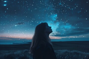 Silhouette of a young woman looking up at the milky way in a starry night sky, evoking a sense of wonder and exploration