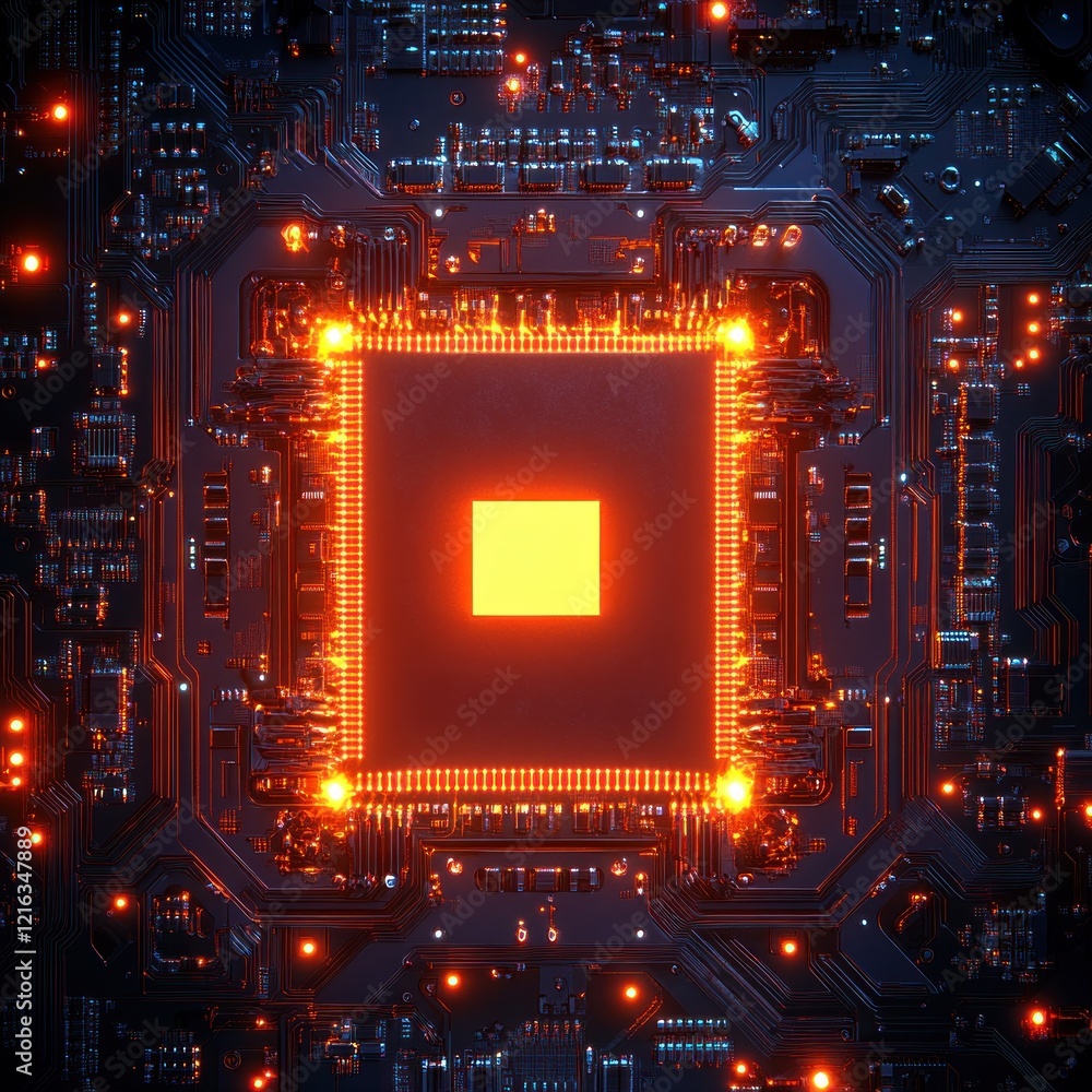 Poster illuminated circuits: a close-up of a glowing computer chip