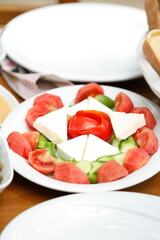 Mixed breakfast in nature cheese salads, tomato's, cucumber, decorative plate, healty snack