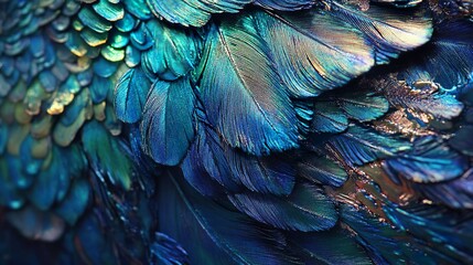 Fototapeta premium Iridescent peacock feathers, a close-up capturing the vibrant blues, greens, and golds of this beautiful plumage.