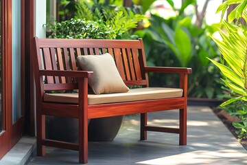 Obraz premium Elegant Wooden Garden Bench in Tropical Garden