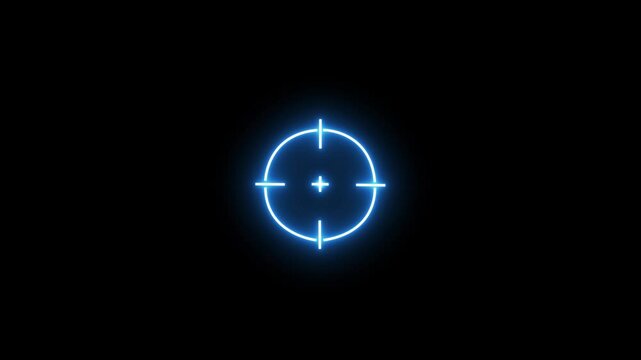 Glowing neon aim cross, target search and aiming animation icon. Glowing neon 3D target icon. Crosshair, gun aim, sniper target, precise shoot, hunting, target audience on black background.	