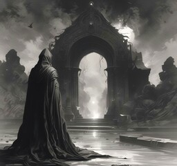 Illustration of hodded person in dark woods.