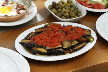 Mixed breakfast in nature eggplant dish Turkish meal name is "saksuka"
