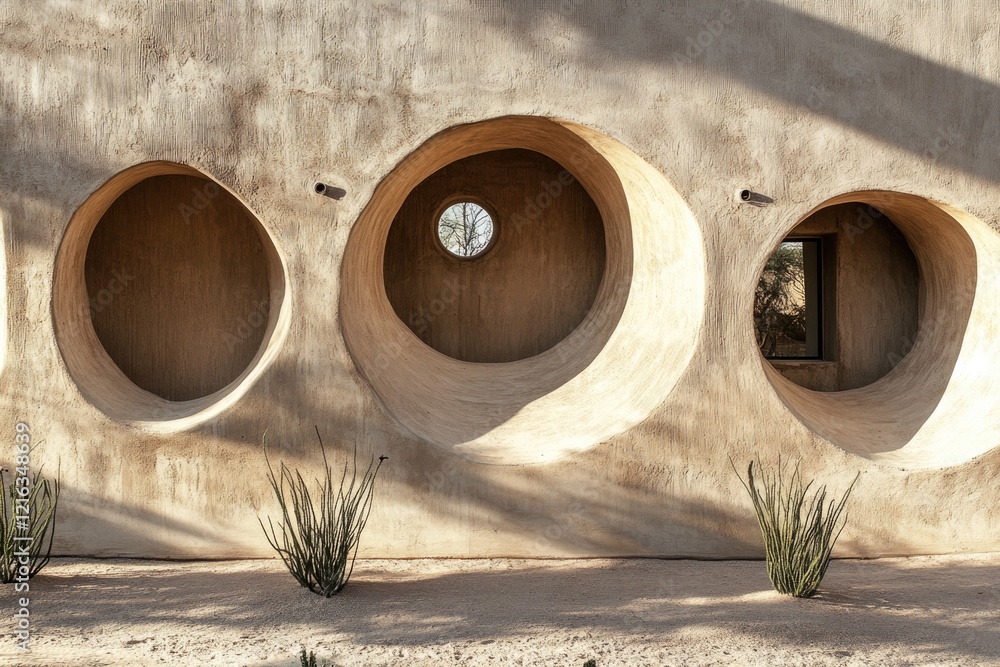Poster unique architectural design features circular openings, blending