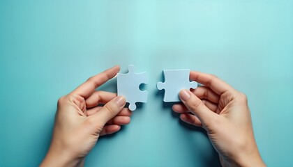 Two hands hold light blue jigsaw puzzle pieces against pastel blue background. Hands position suggests connection. Activity represents teamwork. Concept of problem-solving solution. Image suitable