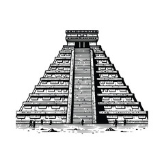 Hand Drawn Maya Pyramid Illustration in Black and White