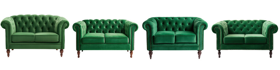 Luxurious living room interior with elegant green tufted velvet Chesterfield style sofas and armchairs creating a sophisticated and inviting ambiance  The plush