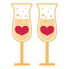 Two champagne glasses with bubbles splashing and hearts for Valentines Day banner poster cover post. Simple Love drink in flat style.