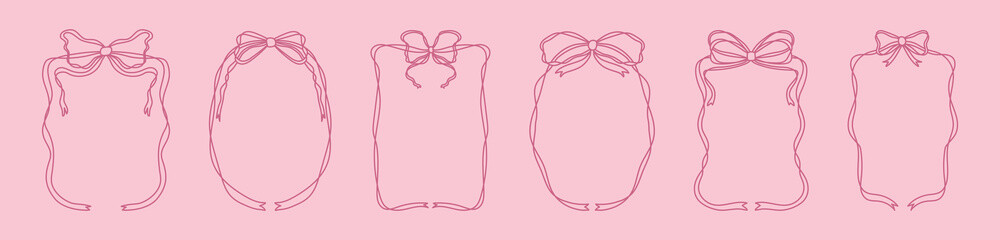 Bows Frame set in Vintage color. Hand drawn Ribbons border for greeting cards, wedding and birthday party, social media, template, invitations. Retro line doodle textbox Valentines Day.