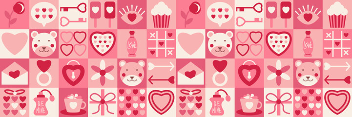 Geometric Love pink seamless pattern. Valentine's day endless background. Texture heart, donut, key. Romantic girly wrapping paper. Holiday romance backdrop simple shape icons for banner poster cover