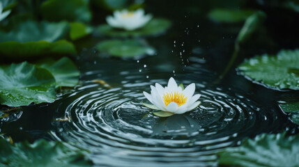 serene lotus flower floats on tranquil pond, surrounded by lush green leaves. Raindrops create ripples in water, enhancing peaceful atmosphere
