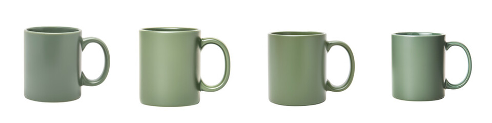 A set of handcrafted minimalist green ceramic mugs in a modern elegant design  Perfect for enjoying hot beverages like coffee or tea in a cozy home or professional workspace  The simple