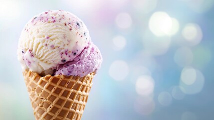 Delicious ice cream cone on smooth bokeh blurred background with copy space, perfect for a refreshing summer treat
