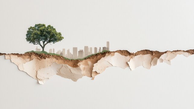 Urban encroachment on nature fragmented earth layers conceptual art modern environment close-up view environmental awareness