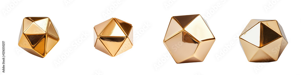 Poster shimmering metallic geometric shapes including polygons prisms and crystals arranged in a minimalist