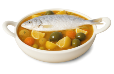 Samak Tajine - A North African fish stew made with white fish, vegetables, olives, and preserved lemon, cooked in