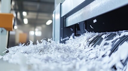 Paper shredder in action, creating cascade of shredded documents